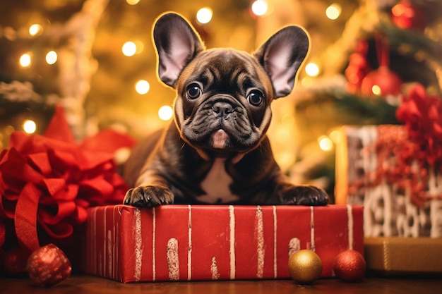 家のクリスマスツリーの近くの犬 クリスマスの背景にポーズをとっている陽気なフランスのブルドッグ