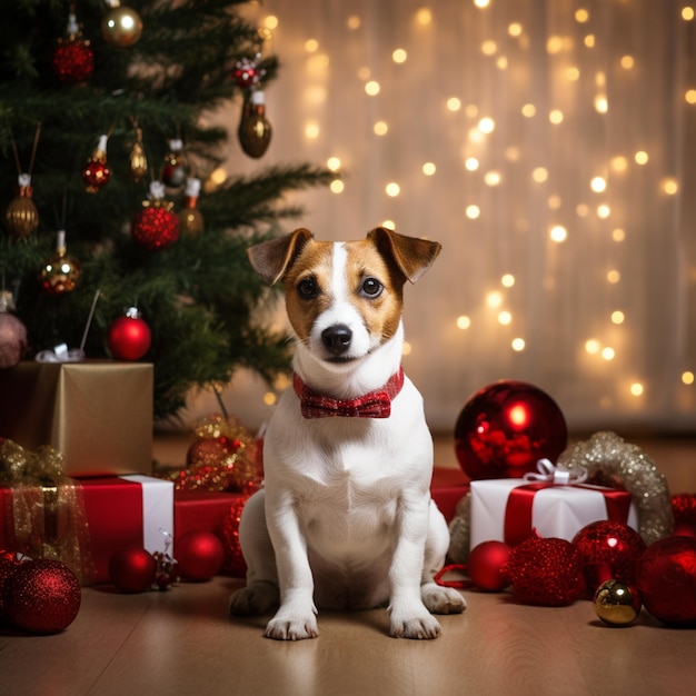 Dog near christmas tree at home