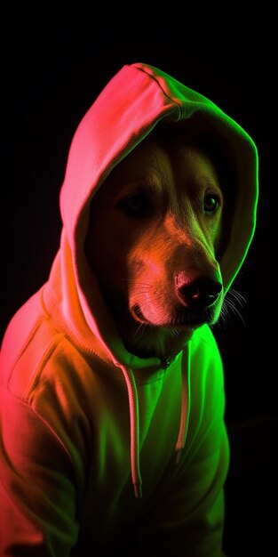 A dog in a neon green and red hoodie