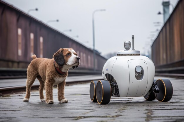 Foto cane che cammina obbediente accanto a un elegante robot su ruote creato con l'intelligenza artificiale generativa