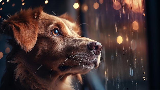 Photo dog observing fireworks from the window colorful generative ai