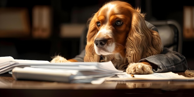 Собака в офисе в костюме работает над бумажной работой юмористическое изображение Концепция Собака Офисная комбинезонная костюмная работа Юмористическая изображение