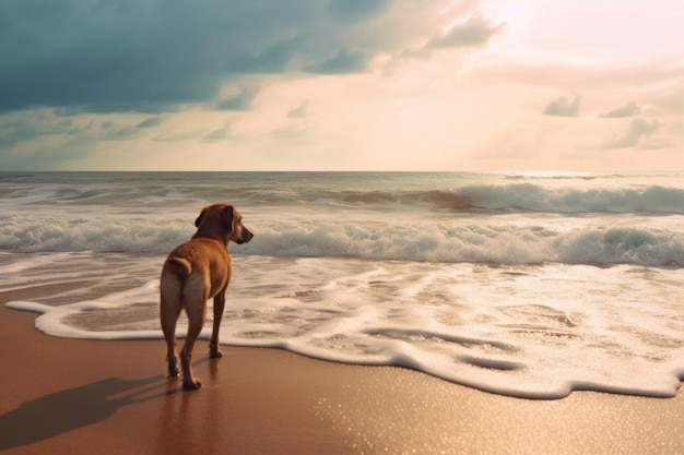 写真 海や海の近くのビーチにいる犬