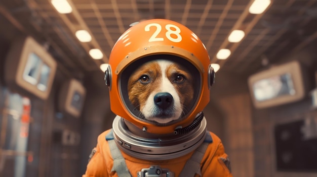 A dog in an orange space suit with the numbers