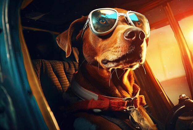 dog out of drivers seat in car in the style of light amber and skyblue