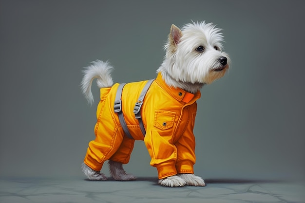 Dog in overalls on the grey background rain advertisement for dog clothes AI generated