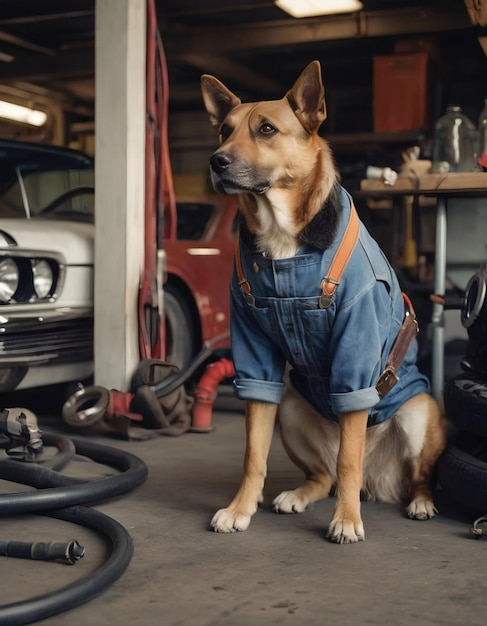 A dog in overalls sits near car parts in the garage