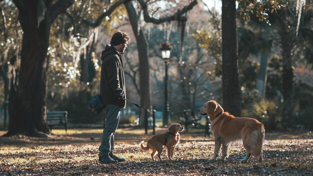 dog owner playing with his dog in a sunny park