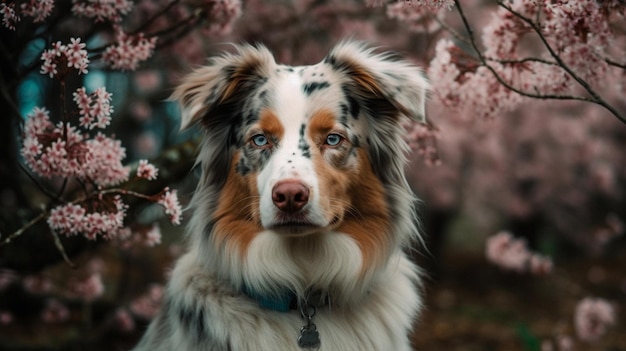 A dog in a park with pink flowers