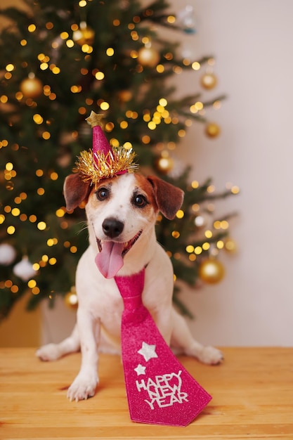 パーティーの帽子とネクタイを着た犬が新年を祝っている