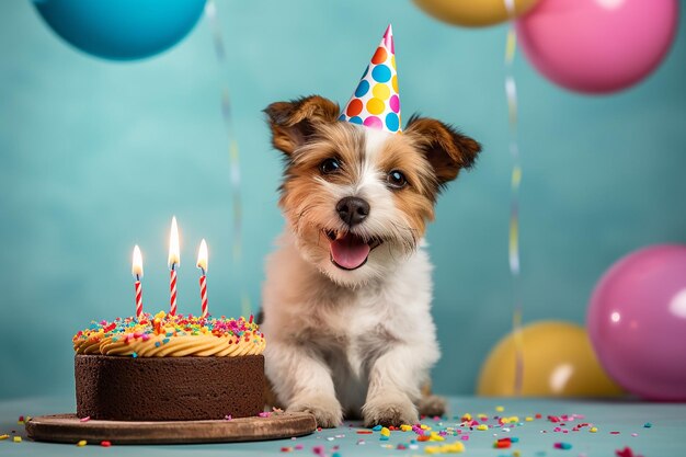 誕生日ケーキと誕生日ケーキを持ったパーティーハットをかぶった犬。