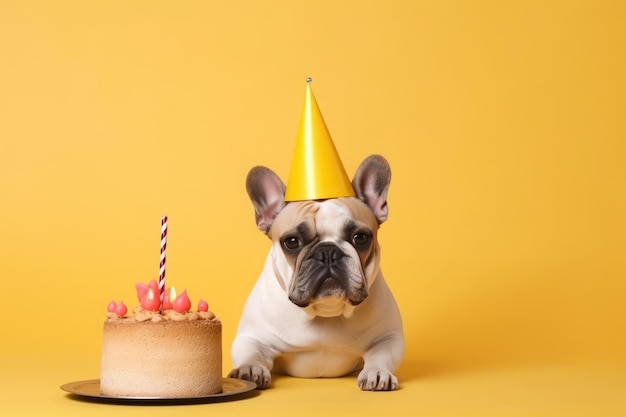 黄色の背景に犬のパーティー ハット ユーモア幸せな誕生日ペットのお祝いを生成します。