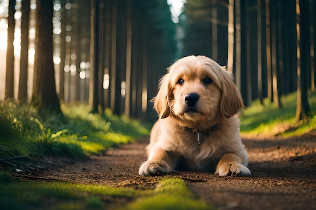 A dog on a path in the woods