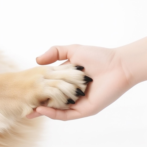 Dog paw and children's hand closeup on a white background the concept of human and dog friendship