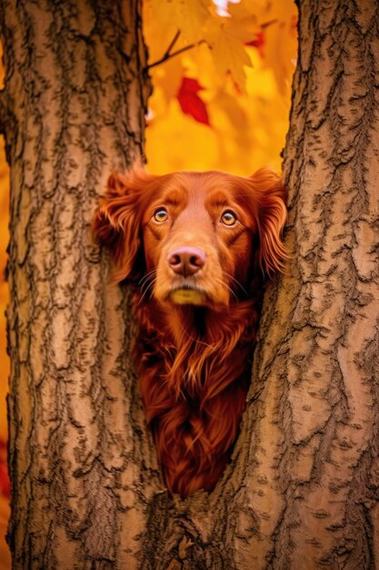 Photo dog peeking out from behind a colorful autumn tree created with generative ai