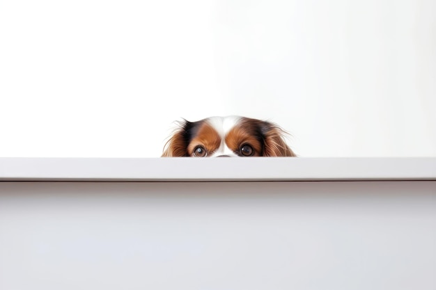 Photo dog peeking out from behind a white table with copy space isolated on white background ai generated