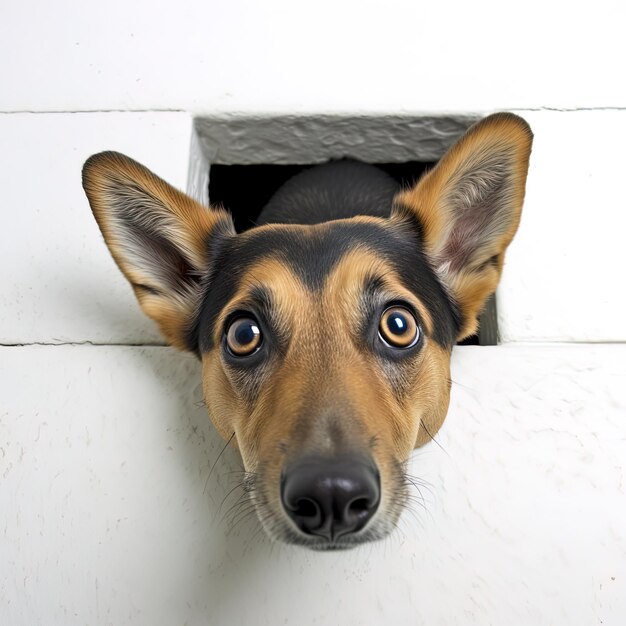 Photo a dog peeking out of a hole in a wall