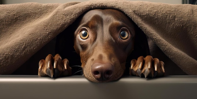 a dog peeks a head out from behind a towel in the style of light gray and dark bronze