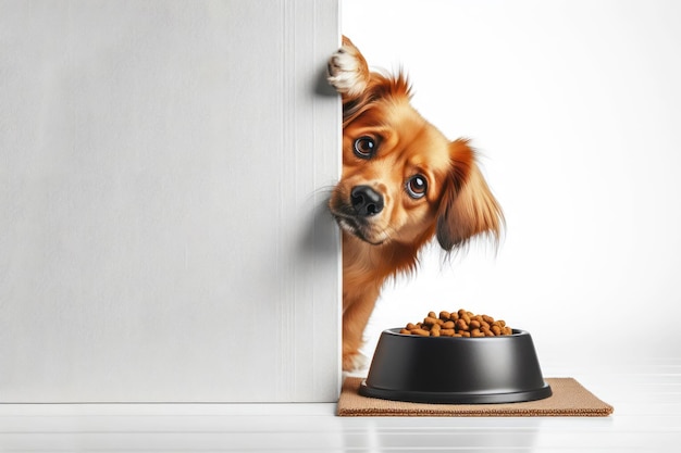 Foto il cane sbircia fuori dall'angolo le emozioni degli animali guardano una ciotola di cibo isolata su uno sfondo bianco