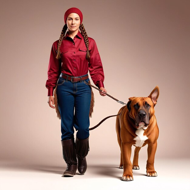 Foto un amante di cani che cammina con un cane una donna con una camicia rossa e jeans cammina un cane