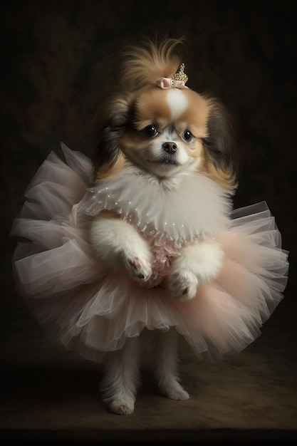 A dog in a pink dress is standing on a dark background.