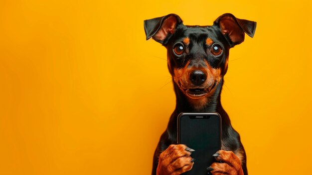 Cane pinscher che tiene un telefono cellulare con le zampe su uno sfondo giallo semplice simulando una foto in studio