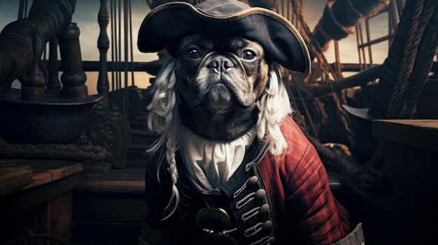 Dog in a pirate costume on a ship at sea