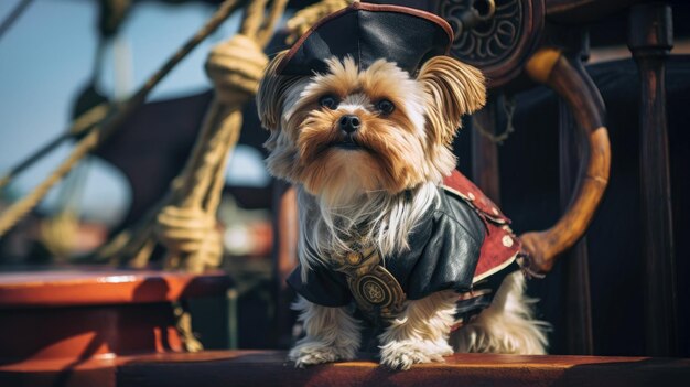 海上の船で海賊の衣装を着た犬