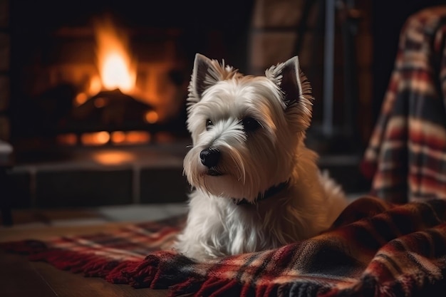 Dog In Plaid On The Background Of An Unfocused Fireplace Generative AI