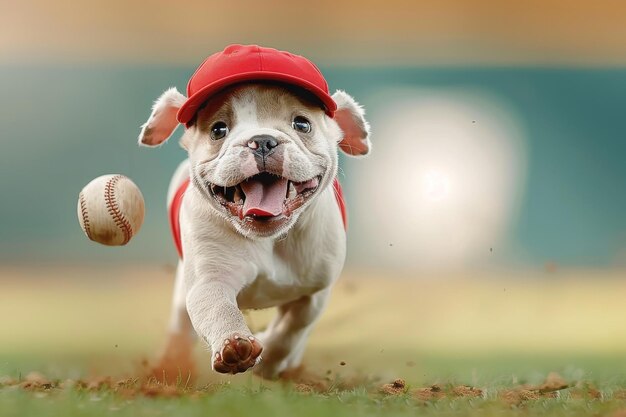 写真 野球を着て遊んでいる犬