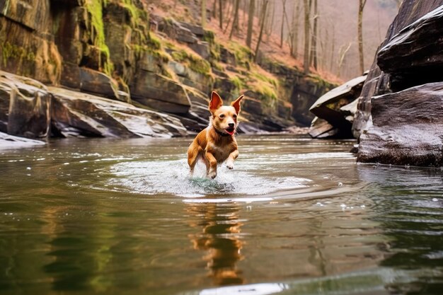 写真 水川でボールをしている犬