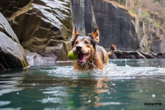 dog playing ball in the water river