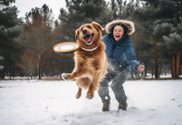 Photo a dog playing frisbee with a woman in the snow