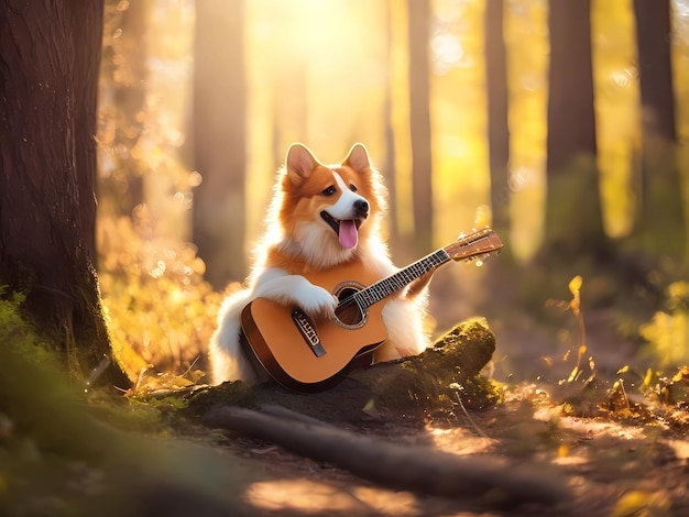 dog playing guitar in the forest