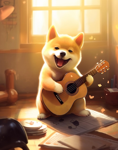 A dog playing a guitar is playing a guitar.