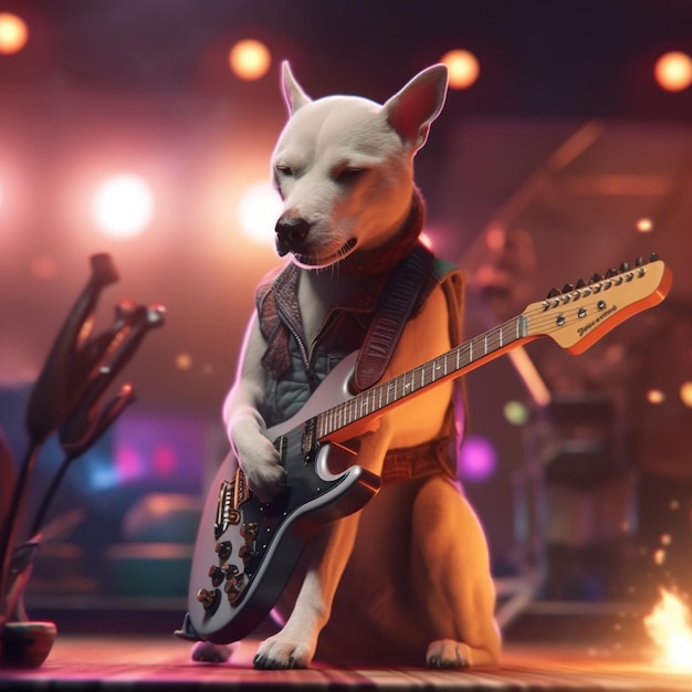 A dog playing a guitar on stage with a lit background