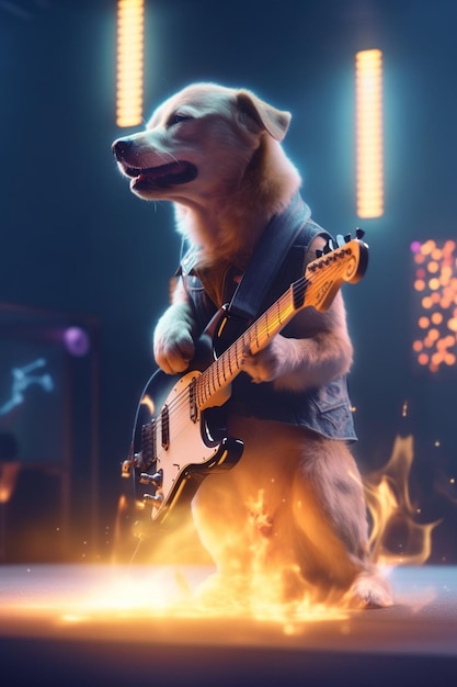 A dog playing a guitar on stage