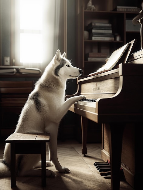 犬を乗せてピアノを弾く犬