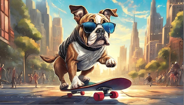 Иллюстрация о собаке, играющей на скейтборде в городе