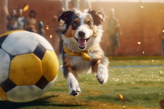 A dog playing soccer with a soccer ball