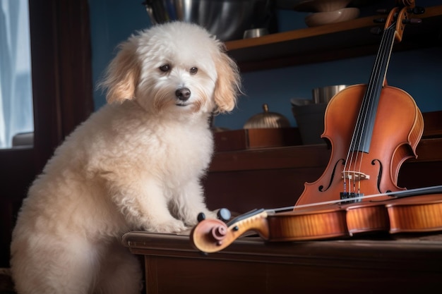 Dog playing the violin with cat on piano bench created with generative ai