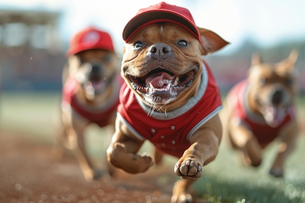 Photo dog playing and wearing a baseball