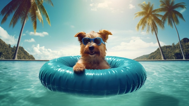 A dog in a pool wearing sunglasses and swimming goggles is floating in the water.