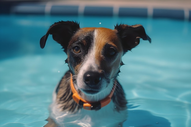 A dog in a pool with a collar that says'dog'on it