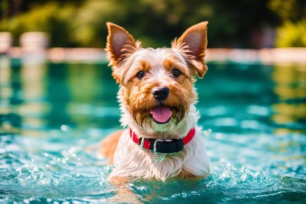 A dog in a pool with its tongue out