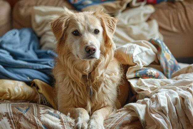 Photo dog portrait against the backdrop of a mess at home