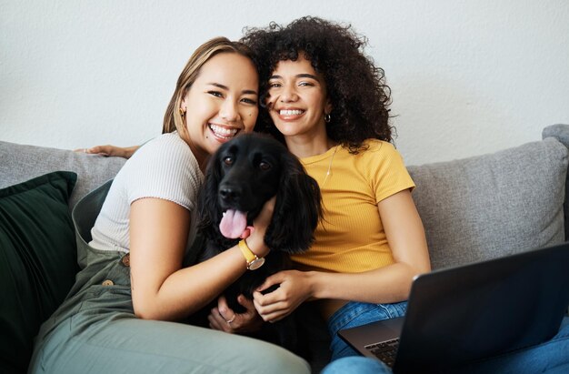 Photo dog portrait or happy gay couple in home to relax together in healthy relationship or love connection lgbtq pet care or lesbian women smile hugging an animal to bond in house living room on couch