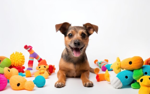 Фото Портрет собаки на чистом белом фоне, окруженный игрушками для собак