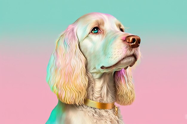 Dog portrait pink and yellow pastel colors copy space