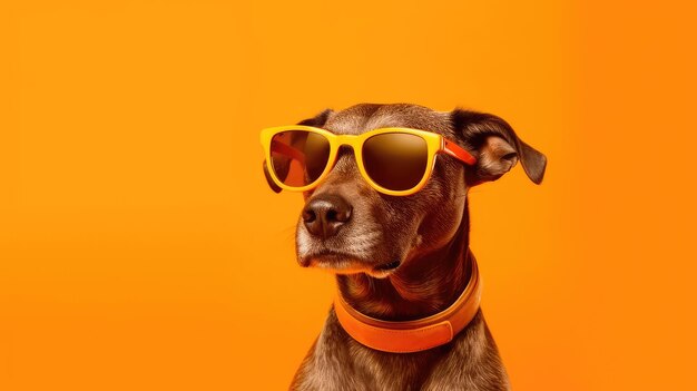 Dog portrait wearing sunglasses on orange background Generative AI